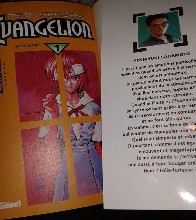 Interno di Neon Genesis Evangelion 1 edizione francese Glénat Manga - risvolto della sovracopertina e pagina a colori su carta patinata