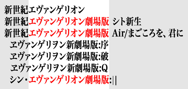 Confronto fra i titoli in giapponese delle opere autografe di Hideaki Anno del franchise "Evangelion".
